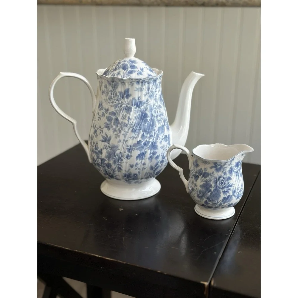 Nikko Tea Roses Coffee Pot & Creamer Blue Floral Japan Porcelain Set